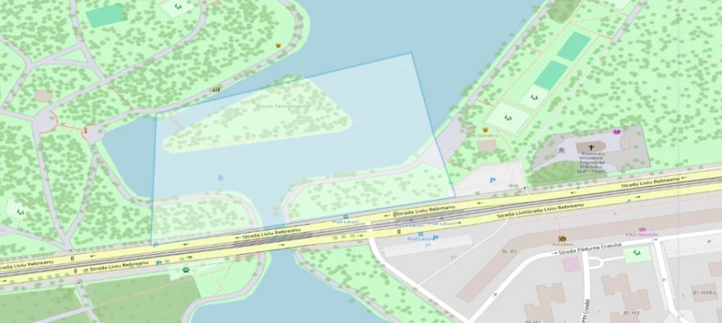 Poligonul zonei de operare pentru zbor cu drona în Parcul IOR, deasupra lacului (zona Insulei Pensionarilor), declarat pentru cadre filmate cu drona.